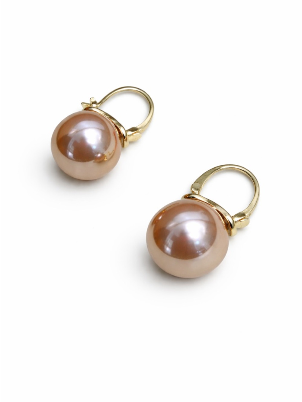 Gold Leverback Peach Pearl Drop Earrings - Women Jewelry